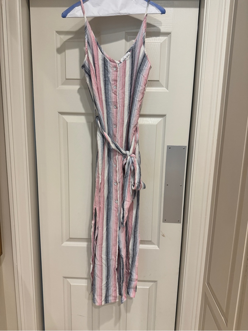 4th of July Striped Pink & Gray Button-Front Sun Dress with Tie Waist